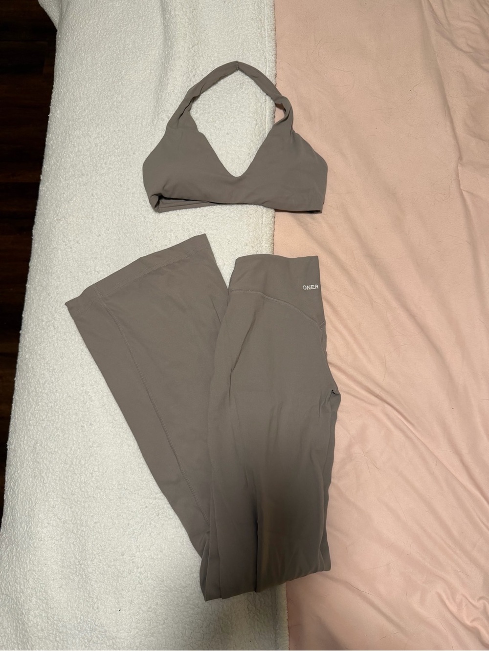 Oner Active Softmotion Flare Leggings and Halter Bra in Warm Sand